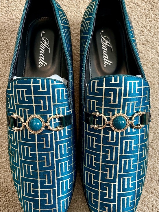 Amali Other - Teal Patterned Loafers with Gold Chain Accent